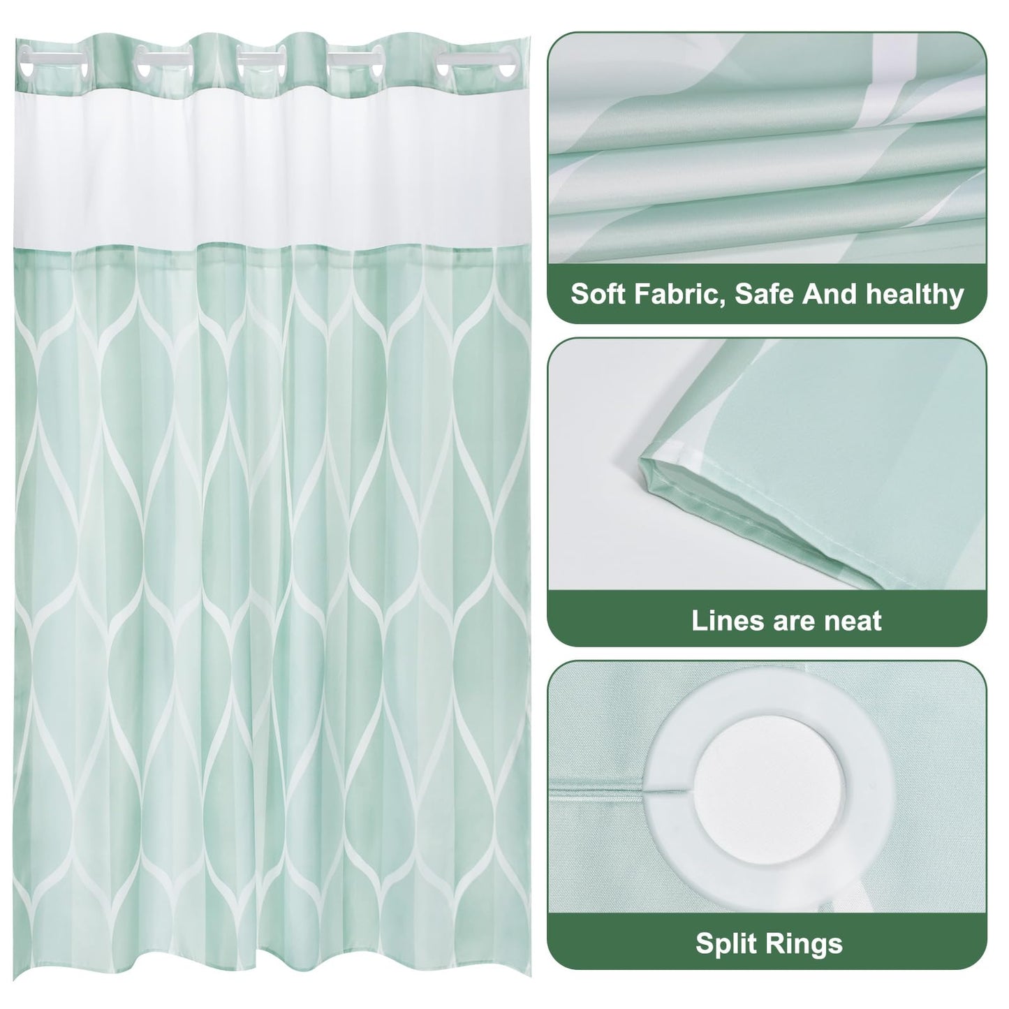 Yiatn Light Green No Hook Hotel Collection Shower Curtain - Hotel Style with See Through Mesh Top Window, Modern Geometric Waterdrop Design,Water-Repellent & Washable,- 71x74 INCH