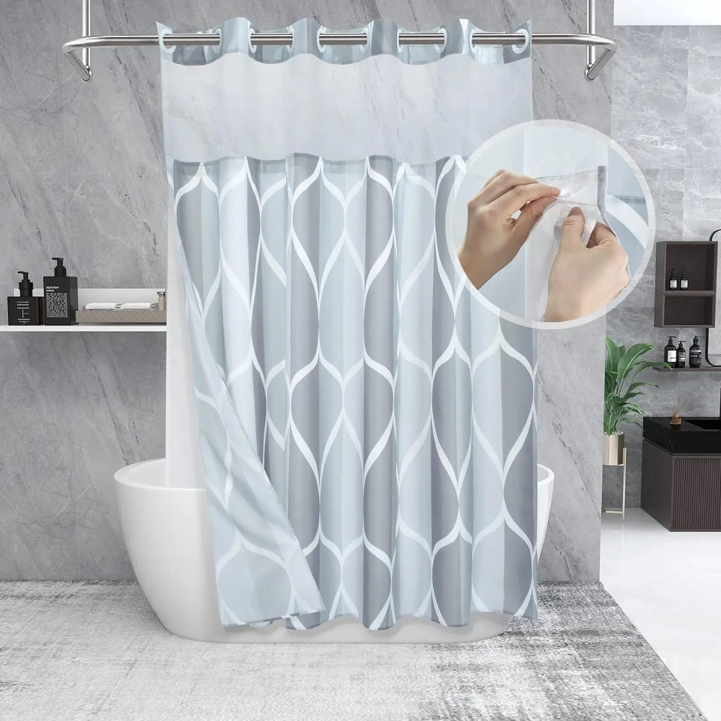 Hotel Style Geometric Waterdrop Design 71x74 inch,Ringless Shower Curtain