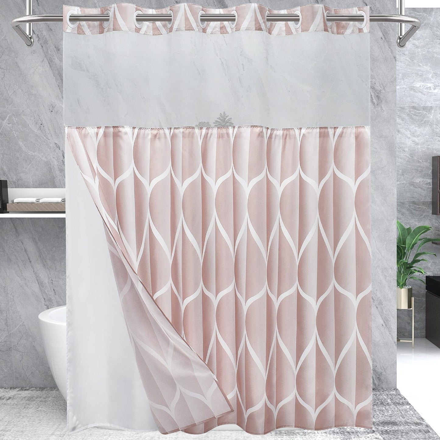 Yiatn No Hook Rosewater Pink Shower Curtain with Snap in Fabric Liner Set - Hotel Style with See Through Mesh Top Window, Modern Geometric Waterdrop Design,Water-Repellent & Washable, 71x74 INCH