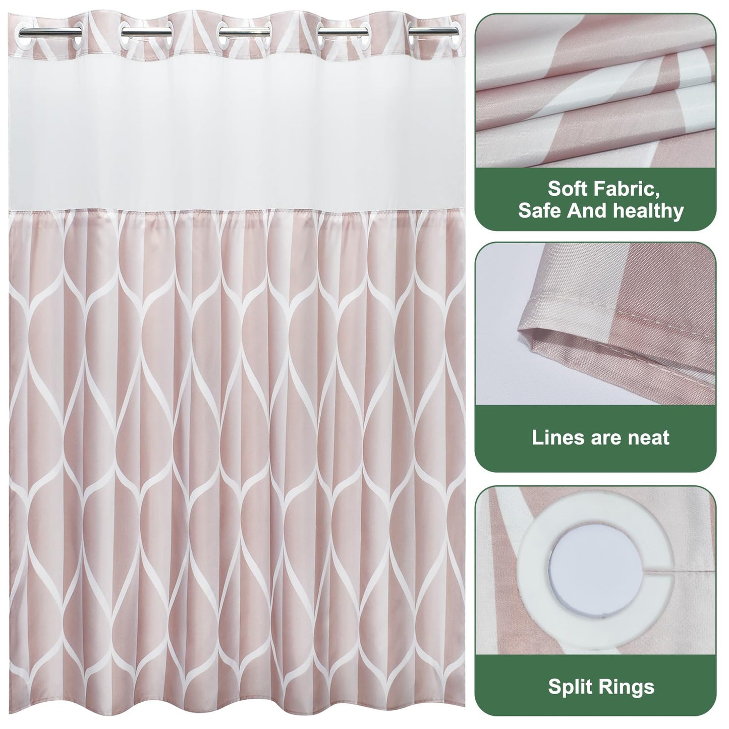 Yiatn No Hook Rosewater Pink Shower Curtain with Snap in Fabric Liner Set - Hotel Style with See Through Mesh Top Window, Modern Geometric Waterdrop Design,Water-Repellent & Washable, 71x74 INCH