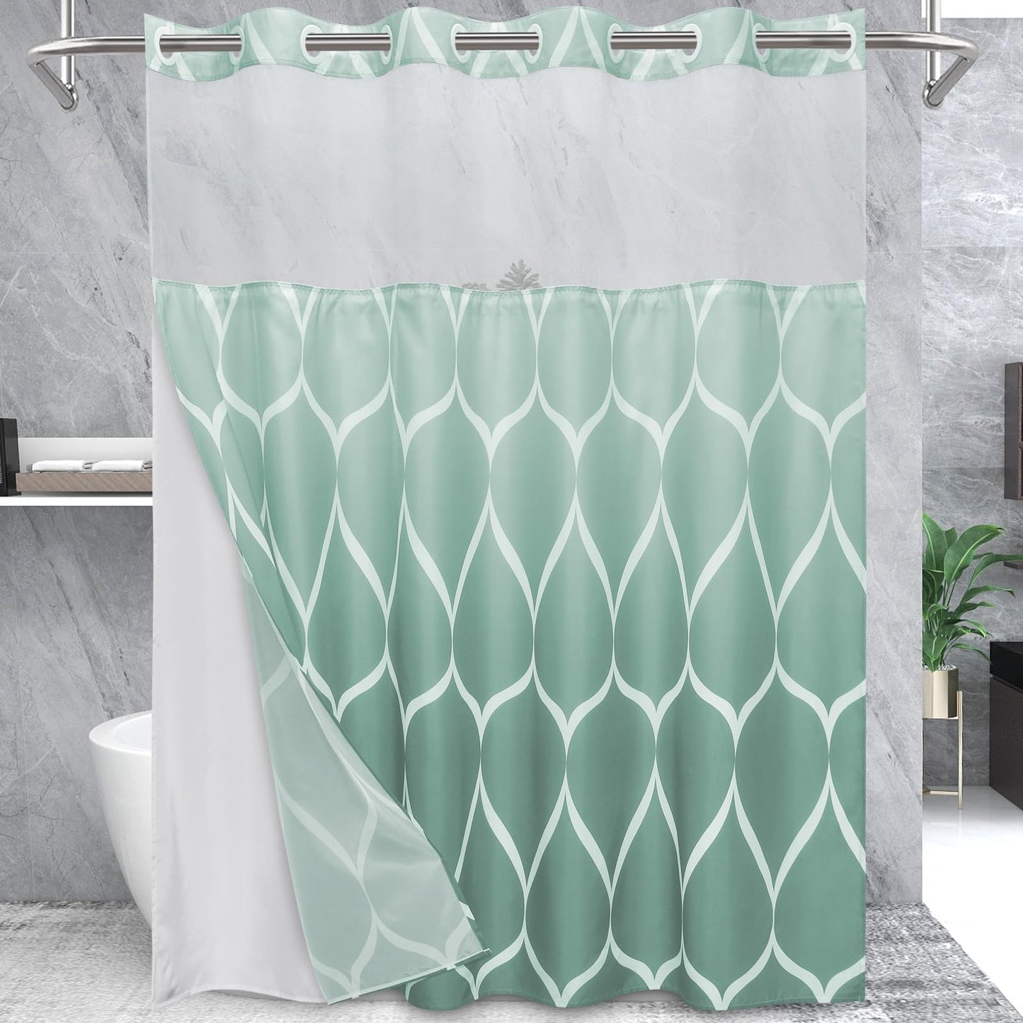 Yiatn No Hook Ombre Teal Shower Curtain with Snap in Fabric Liner Set - Hotel Style with See Through Mesh Top Window, Modern Geometric Waterdrop Design,Water-Repellent & Washable, 71x74 INCH