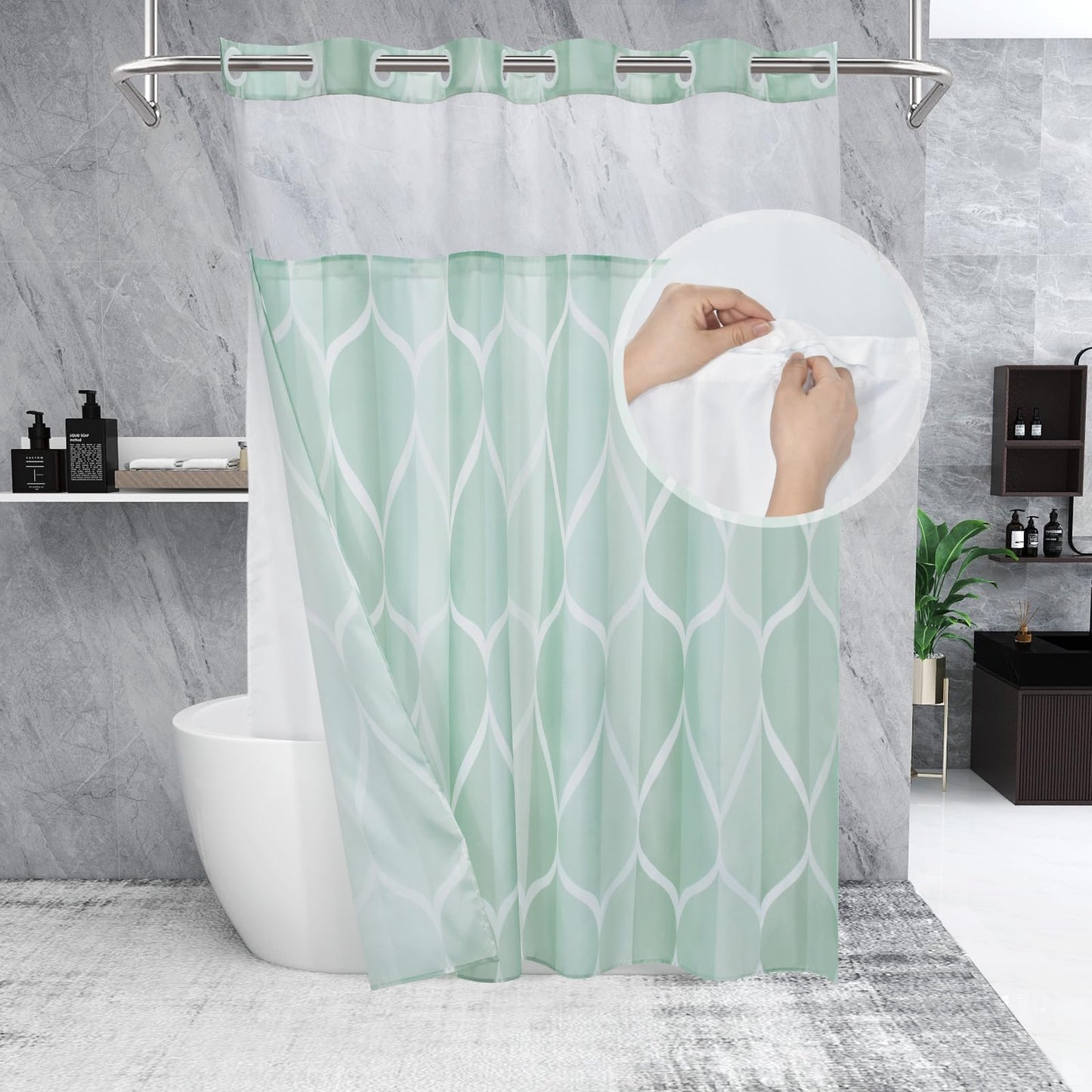 Yiatn Light Green No Hook Hotel Collection Shower Curtain - Hotel Style with See Through Mesh Top Window, Modern Geometric Waterdrop Design,Water-Repellent & Washable,- 71x74 INCH