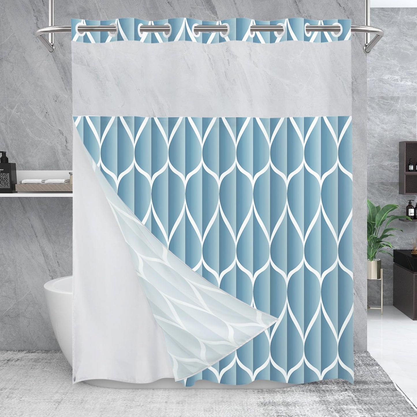 Yiatn No Hook Moonlight Blue Shower Curtain with Snap in Fabric Liner Set - Hotel Style with See Through Mesh Top Window, Modern Geometric Waterdrop Design,Water-Repellent & Washable, 71x74 INCH