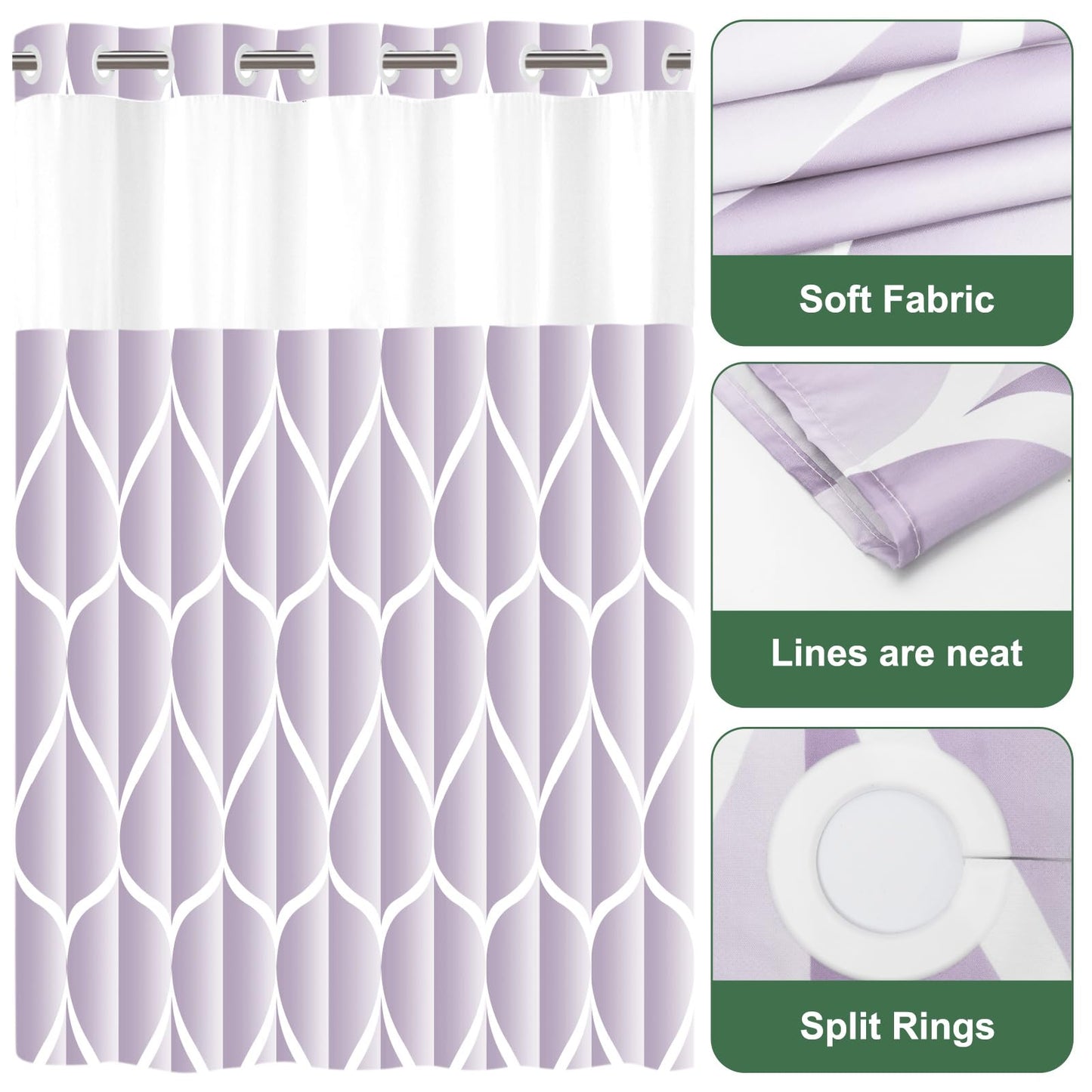 Yiatn No Hook Plum Shower Curtain with Snap in Fabric Liner Set - Hotel Style with See Through Mesh Top Window, Modern Geometric Waterdrop Design,Water-Repellent & Washable, 71x74 INCH