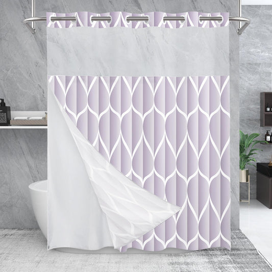 Yiatn No Hook Plum Shower Curtain with Snap in Fabric Liner Set - Hotel Style with See Through Mesh Top Window, Modern Geometric Waterdrop Design,Water-Repellent & Washable, 71x74 INCH