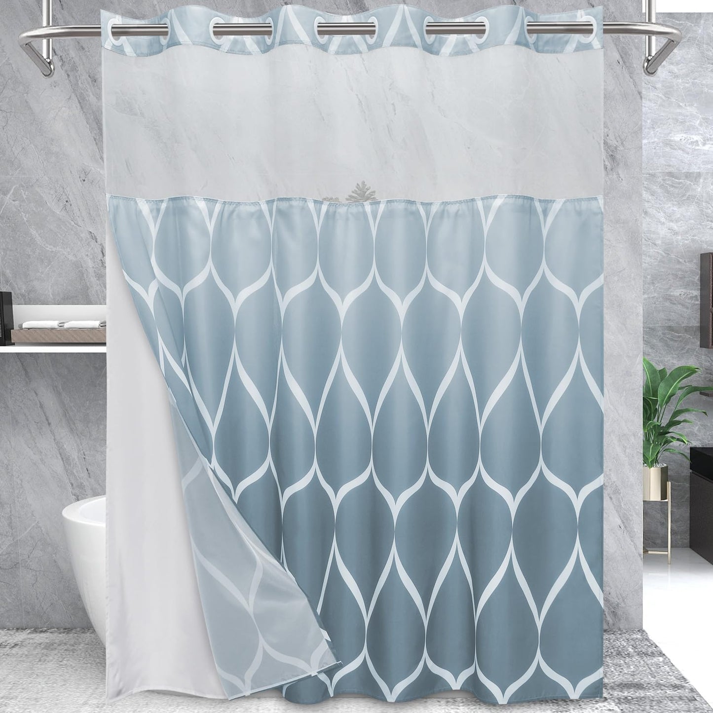 Yiatn No Hook Ombre Aegean Blue Shower Curtain with Snap in Fabric Liner Set - Hotel Style with See Through Mesh Top Window, Modern Geometric Waterdrop Design,Water-Repellent & Washable, 71x74 INCH