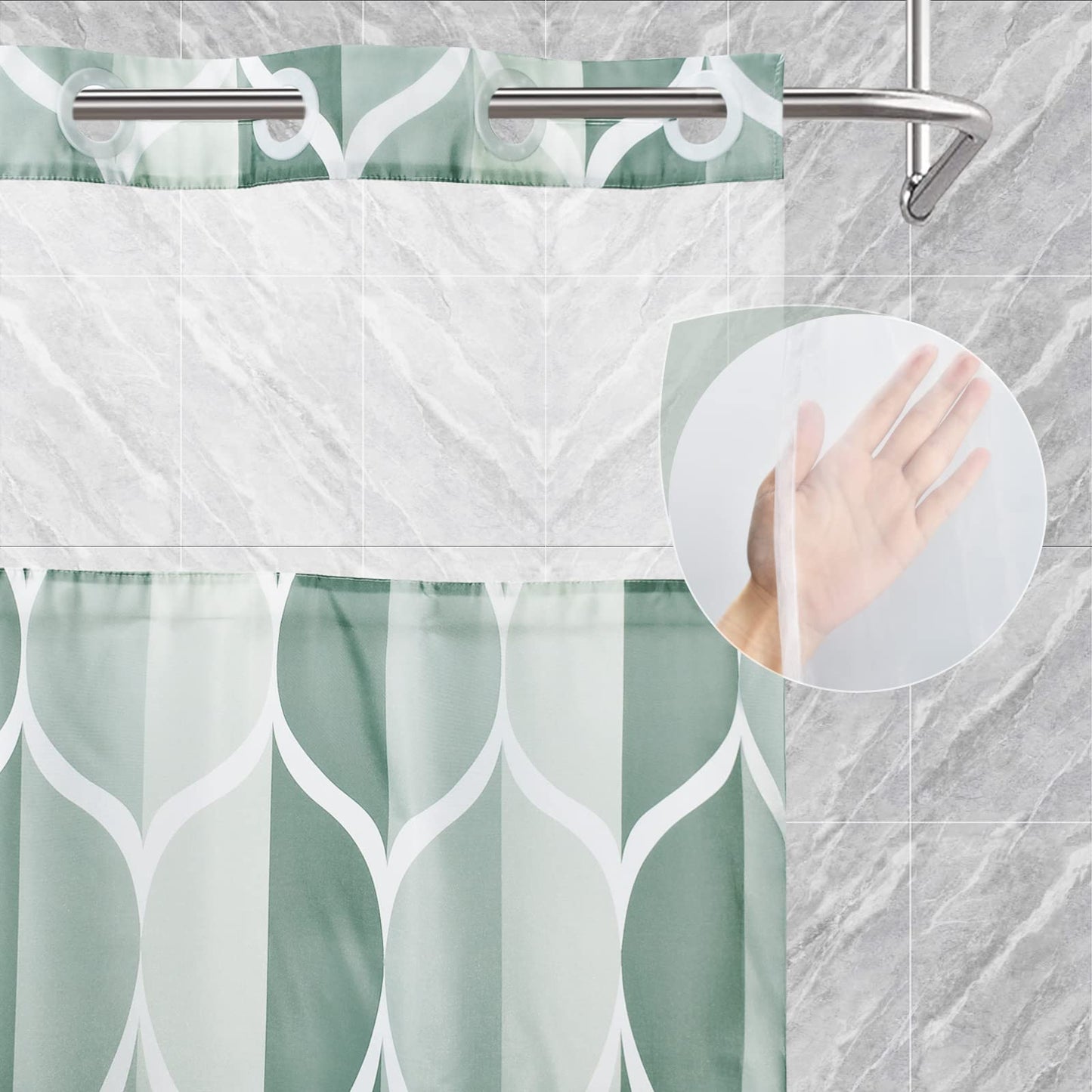 Yiatn No Hook Dark Green Double Shower Curtain with Snap in Fabric Liner Set - Hotel Style with See Through Mesh Top Window, Modern Geometric Waterdrop Design,Water-Repellent & Washable, 71x74 INCH