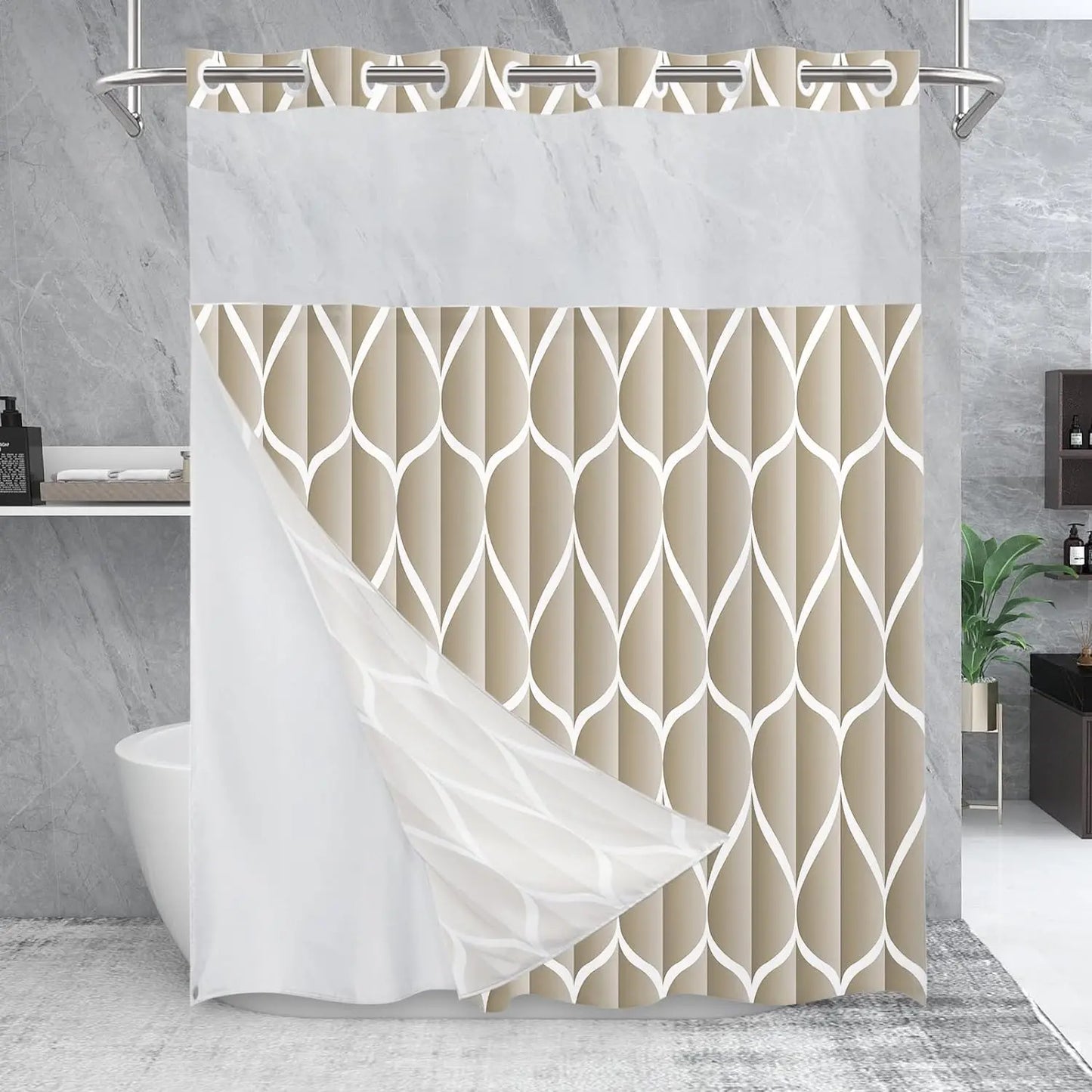 Hotel Style Geometric Waterdrop Design 71x74 inch,Ringless Shower Curtain