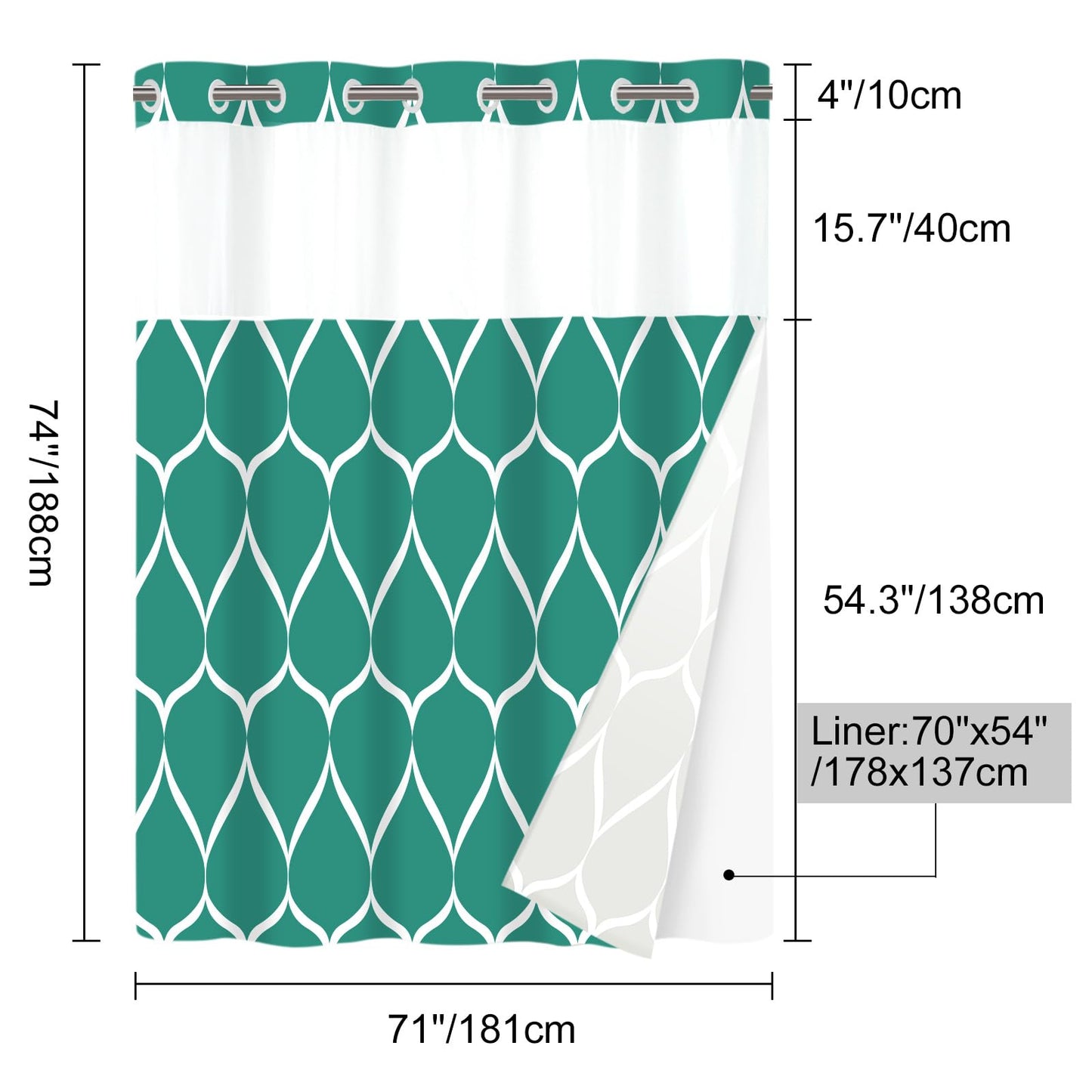 Yiatn No Hook Teal Blue Shower Curtain with Snap in Fabric Liner Set - Hotel Style with See Through Mesh Top Window, Modern Geometric Waterdrop Design,Water-Repellent & Washable, 71x74 INCH