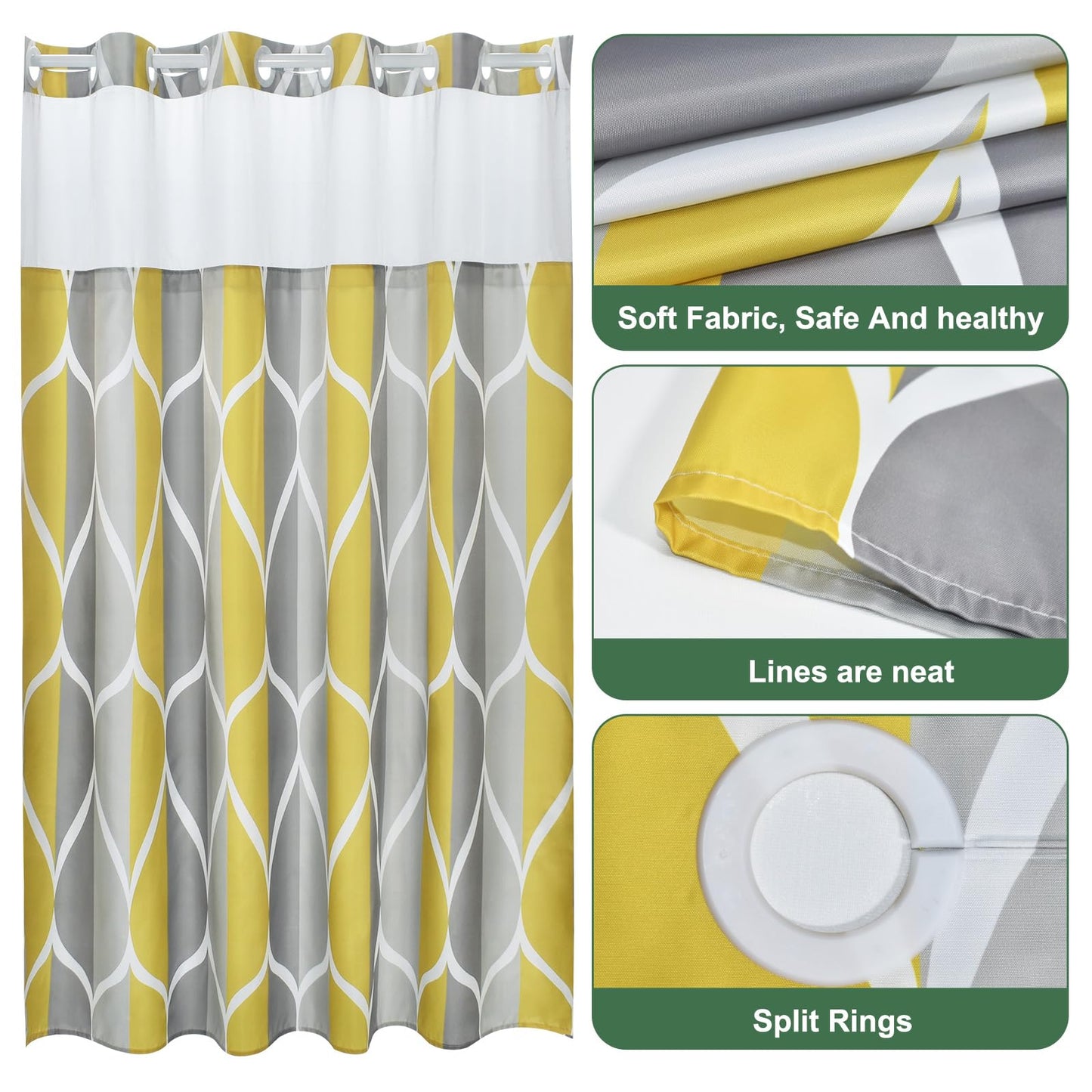 Yiatn Gray Yellow No Hook Shower Curtain with Liner Attached - Hotel Style with See Through Mesh Top Window, Modern Geometric Waterdrop Design,Water-Repellent & Washable, 71x74 INCH