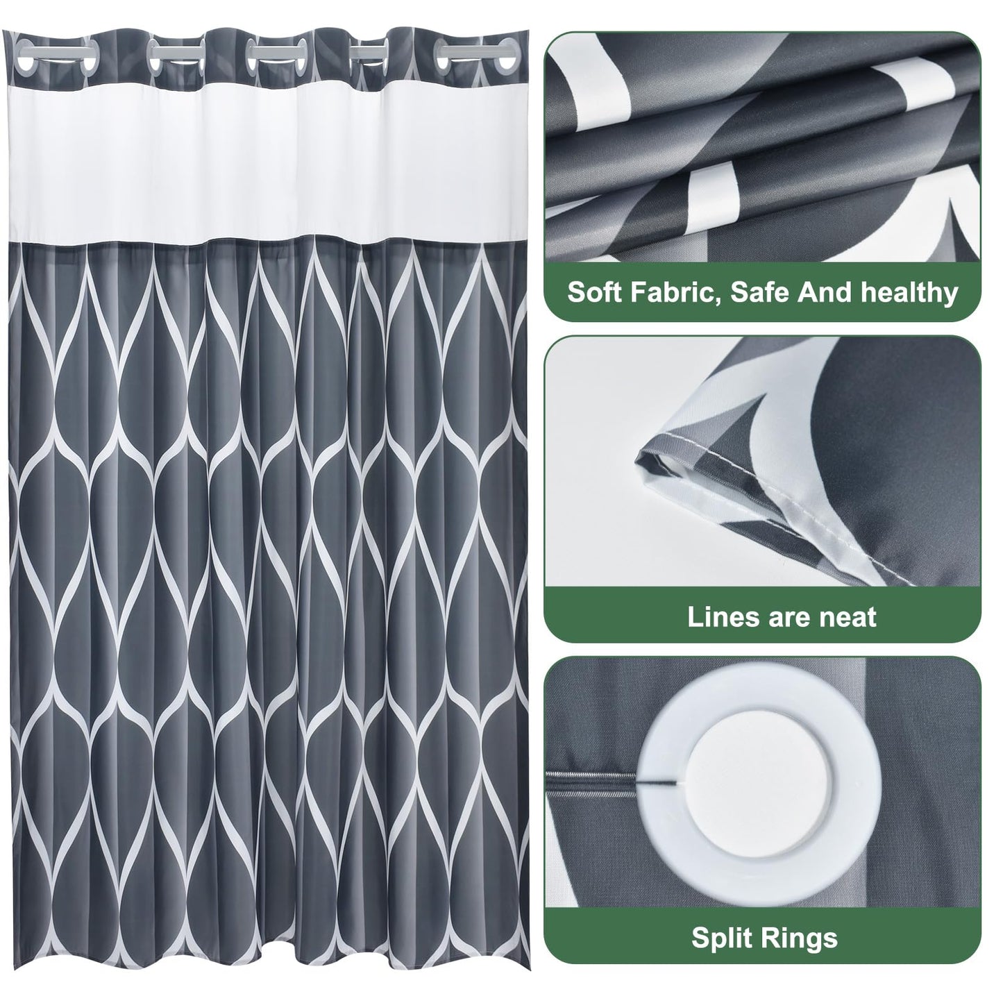 Yiatn Dark Grey Ringless Shower Curtain with Snap in Liner - Hotel Style with See Through Mesh Top Window, Modern Geometric Waterdrop Design,Water-Repellent & Washable,- 71x74 INCH