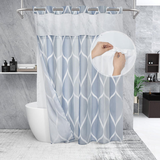 Yiatn Light Blue Hook Free Shower Curtain with Snap in Liner - Hotel Style with See Through Mesh Top Window, Modern Geometric Waterdrop Design,Water-Repellent & Washable,- 71x74 INCH