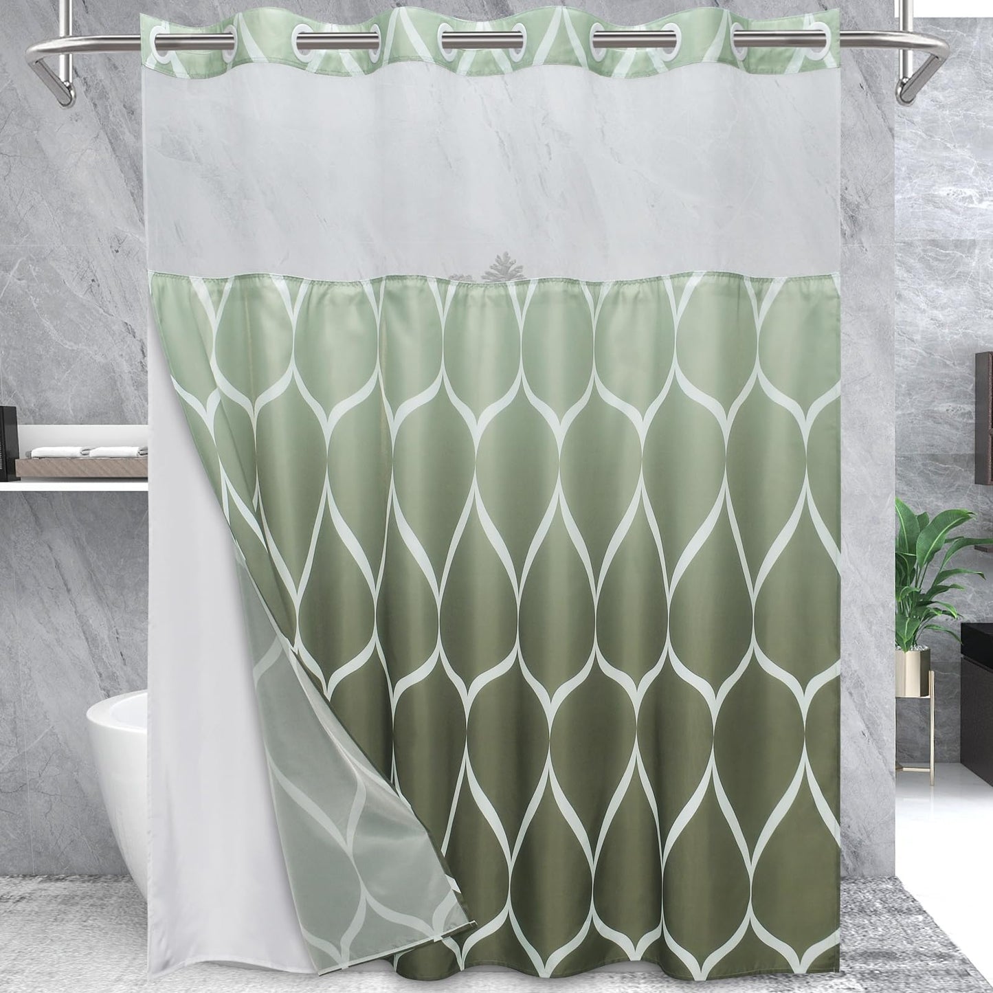 Yiatn No Hook Ombre Sage Green Shower Curtain with Snap in Fabric Liner Set - Hotel Style with See Through Mesh Top Window, Modern Geometric Waterdrop Design,Water-Repellent & Washable, 71x74 INCH