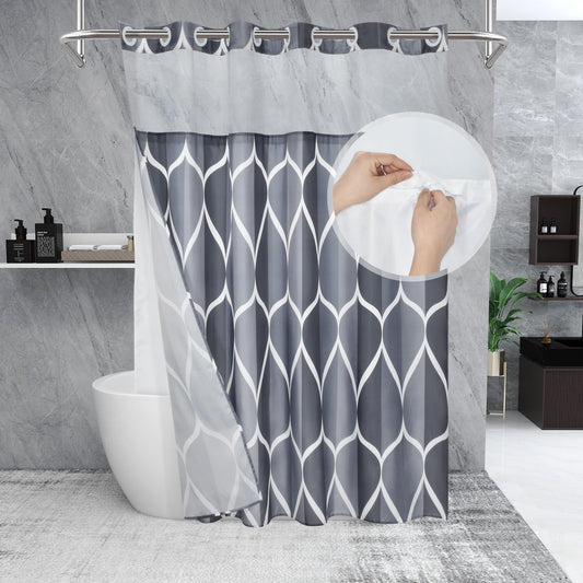 Yiatn Grey Blue No Hook Shower Curtain with Snap in Liner - Hotel Style with See Through Mesh Top Window, Modern Geometric Waterdrop Design,Water-Repellent & Washable,- 71x74 INCH