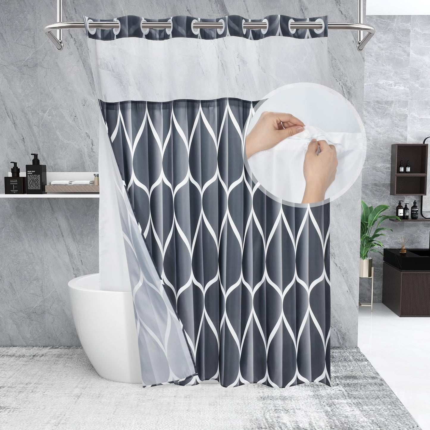 Yiatn Dark Grey Ringless Shower Curtain with Snap in Liner - Hotel Style with See Through Mesh Top Window, Modern Geometric Waterdrop Design,Water-Repellent & Washable,- 71x74 INCH